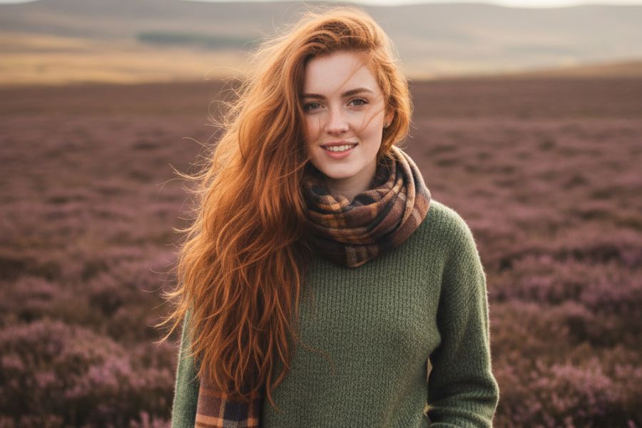 Protagonistin Ailsa aus einem Romanprojekt.
Rothaarige Frau in Schottland. Blühende Heide im Hintergrund.